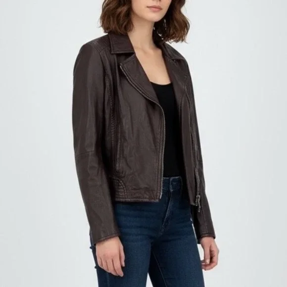 Weekend Max Mara Womens Leather Moto Jacket Burgundy Asymmetrical Zip Moto Style